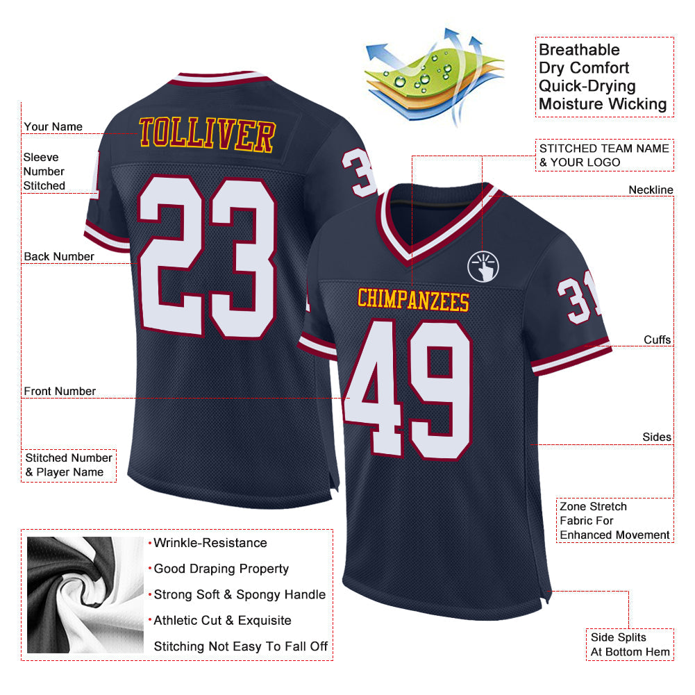 Custom Navy White-Maroon Mesh Authentic Throwback Football Jersey view 2