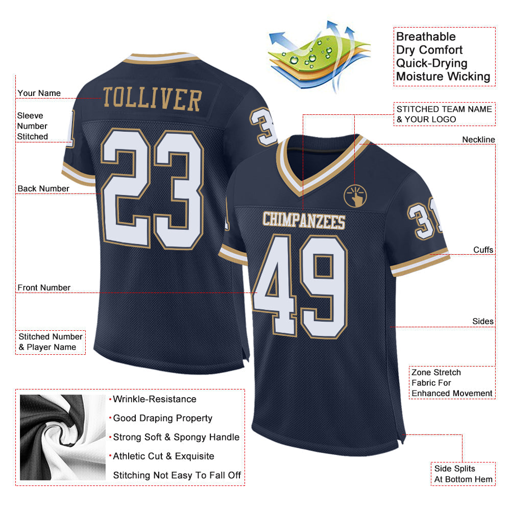 Custom Navy White-Old Gold Mesh Authentic Throwback Football Jersey view 2
