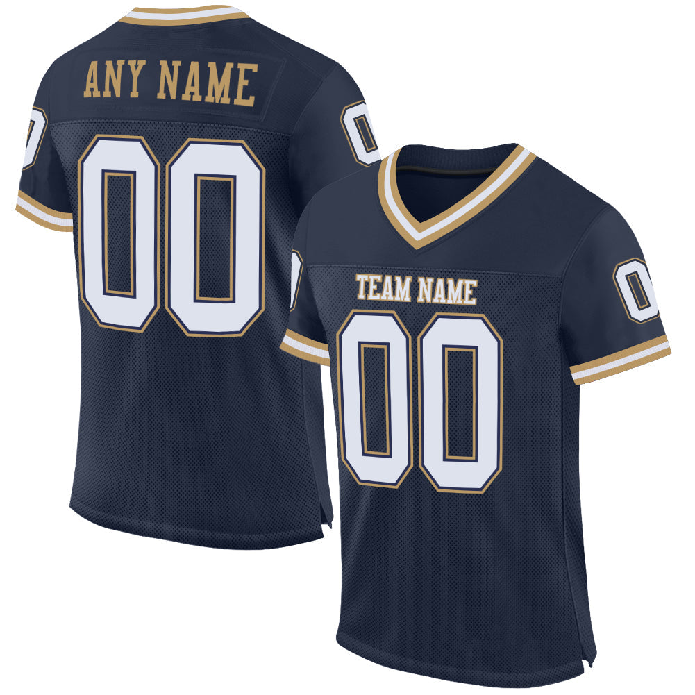 Custom Navy White-Old Gold Mesh Authentic Throwback Football Jersey - Main View