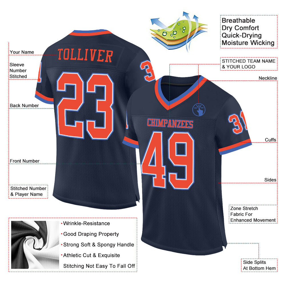 Custom Navy Orange-Blue Mesh Authentic Throwback Football Jersey view 2