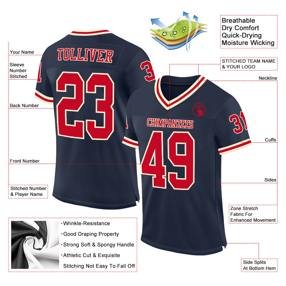 Custom Navy Red-Cream Mesh Authentic Throwback Football Jersey view 2