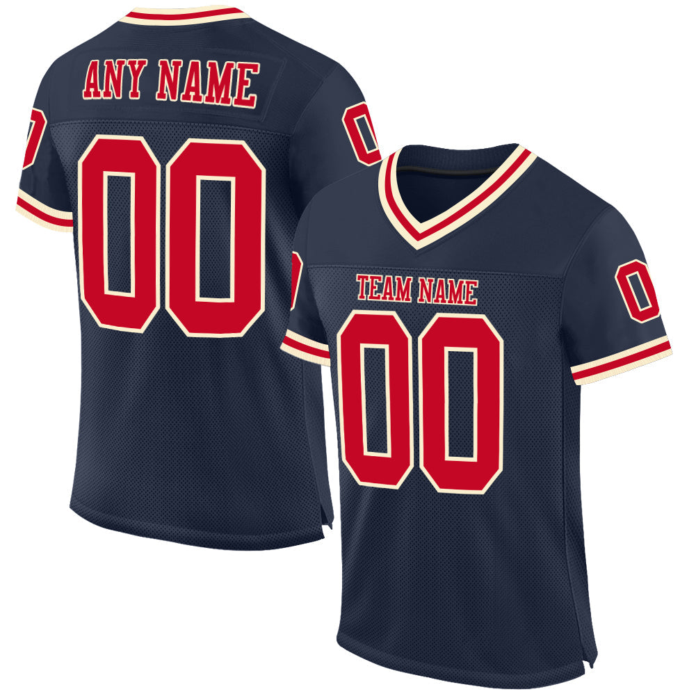 Custom Navy Red-Cream Mesh Authentic Throwback Football Jersey - Main View