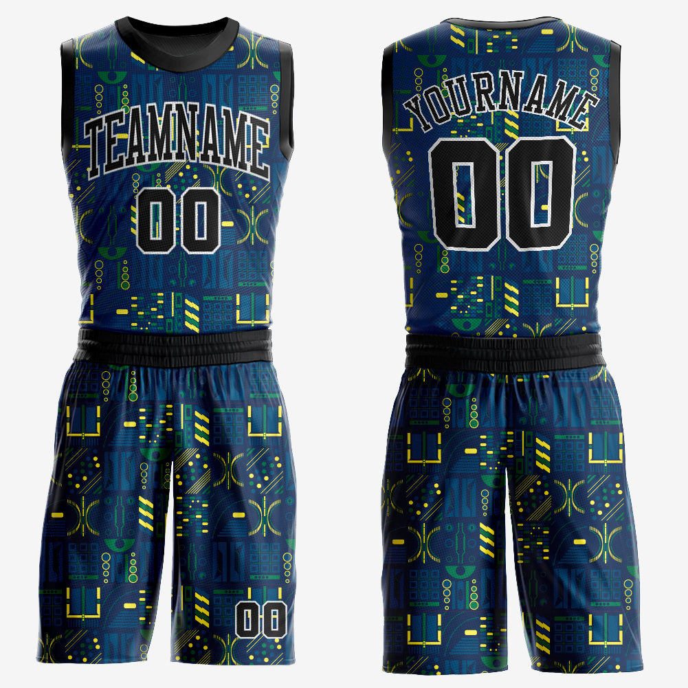 Custom Navy Black-Gold Round Neck Sublimation Basketball Uniform Jersey - Main View