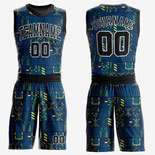 Custom Navy Black-Gold Round Neck Sublimation Basketball Uniform Jersey - Main View