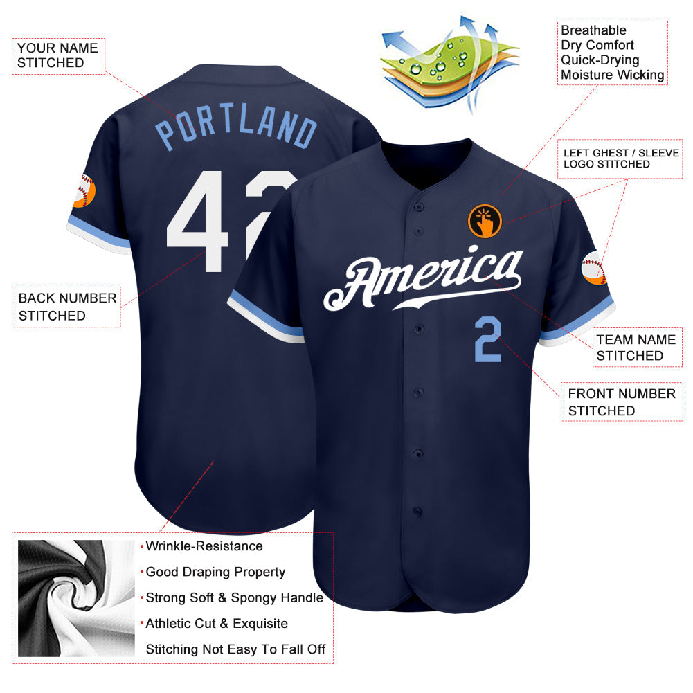 Custom Navy White-Light Blue Authentic Baseball Jersey view 3