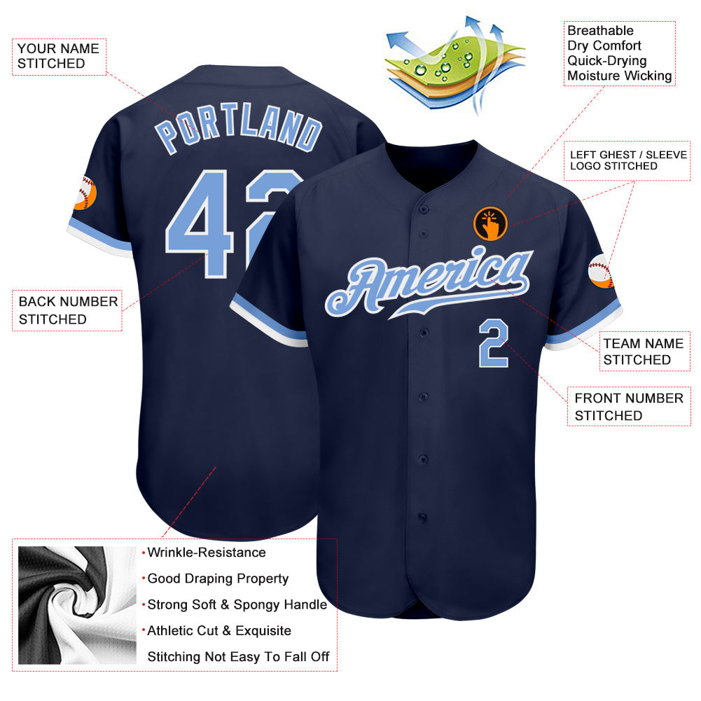 Custom Navy Light Blue-White Authentic Baseball Jersey view 3