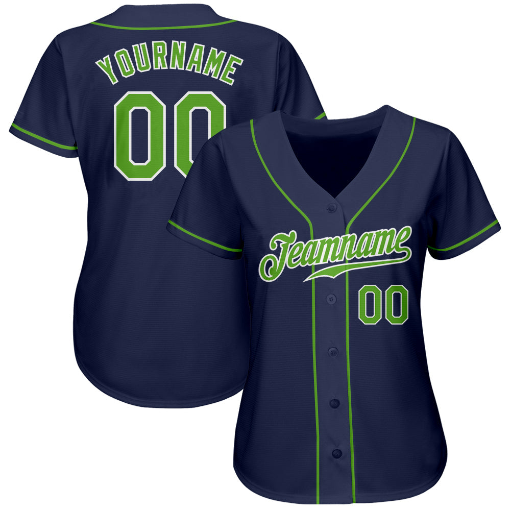 Custom Navy Neon Green-White Authentic Baseball Jersey view 2