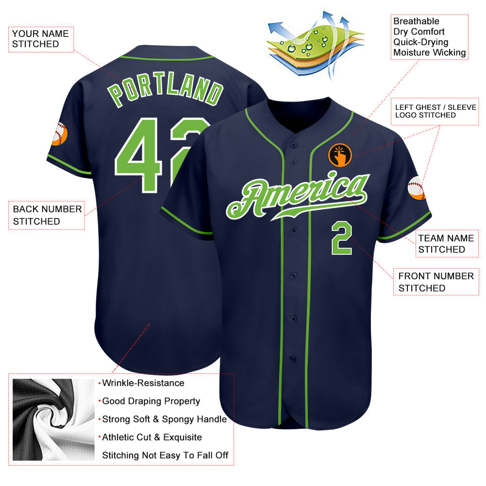 Custom Navy Neon Green-White Authentic Baseball Jersey view 3
