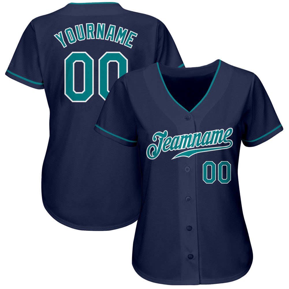 Custom Navy Teal-White Authentic Baseball Jersey view 2