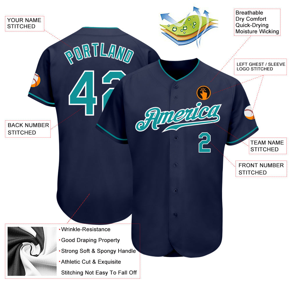 Custom Navy Teal-White Authentic Baseball Jersey view 3
