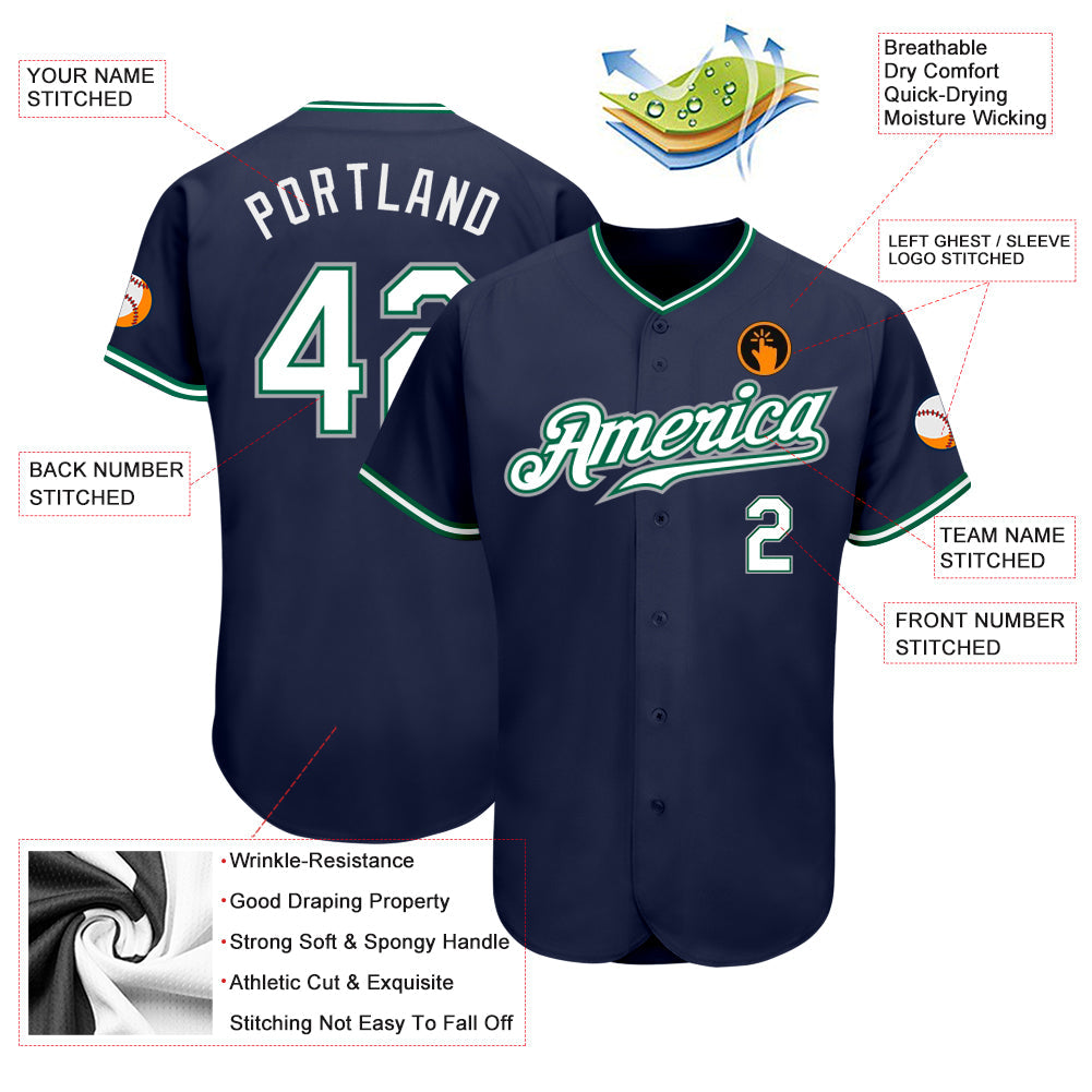 Custom Navy White-Kelly Green Authentic Baseball Jersey view 3