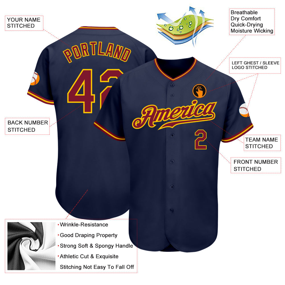 Custom Navy Crimson-Gold Authentic Baseball Jersey view 3