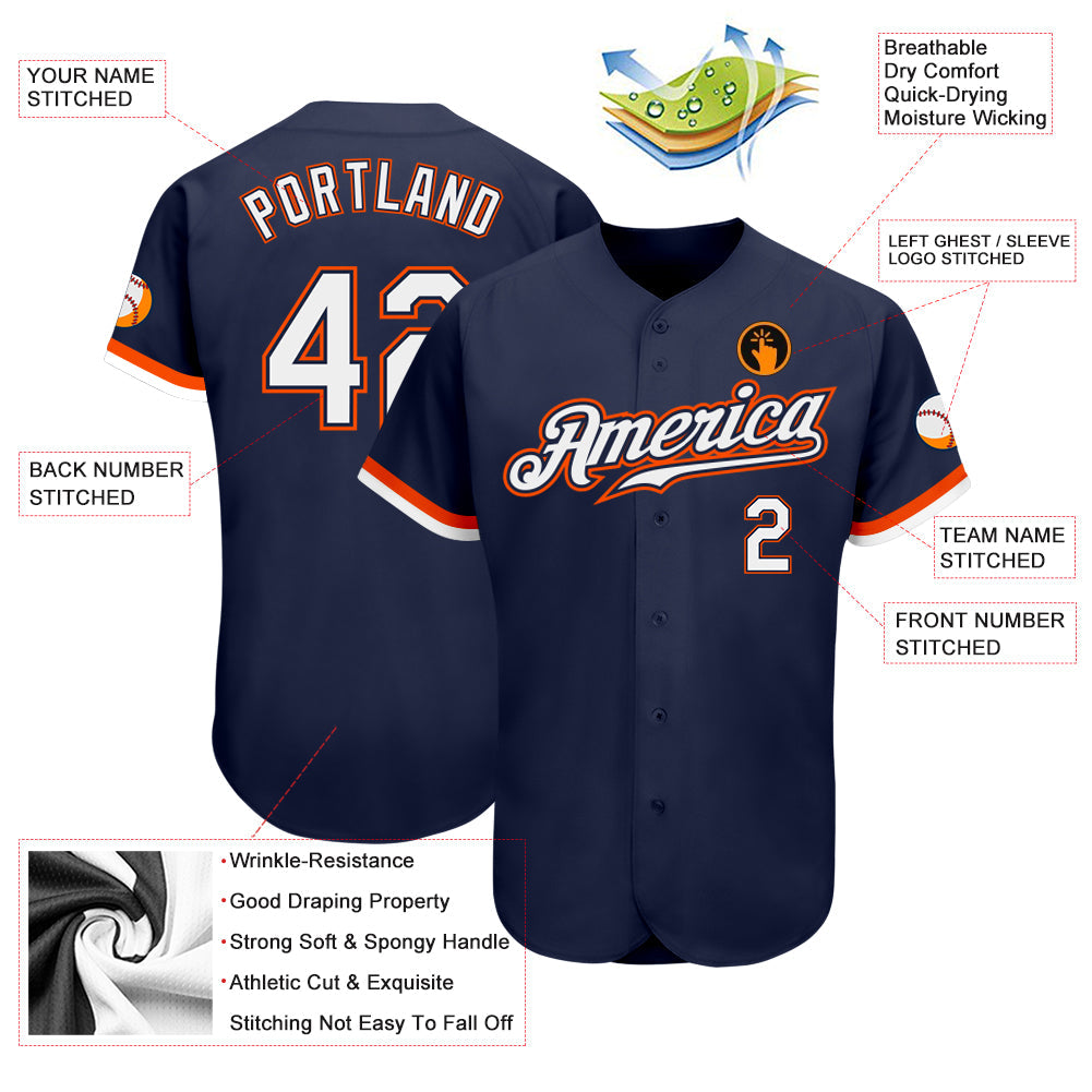 Custom Navy White-Orange Authentic Baseball Jersey view 3