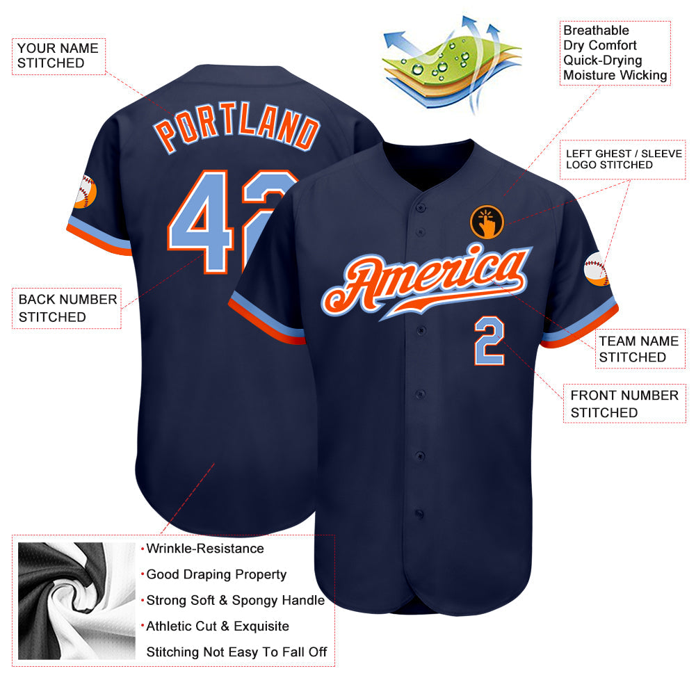 Custom Navy Powder Blue-Orange Authentic Baseball Jersey view 3