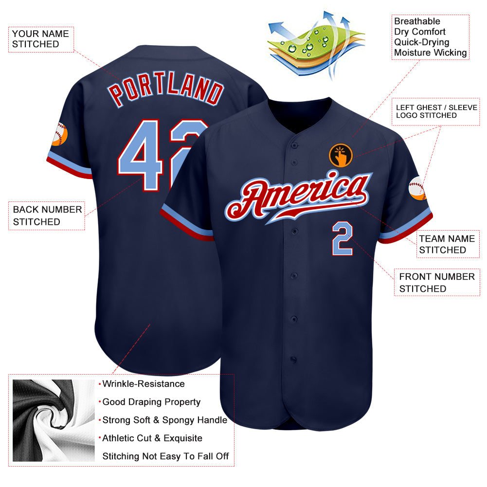 Custom Navy Light Blue-Red Authentic Baseball Jersey view 3