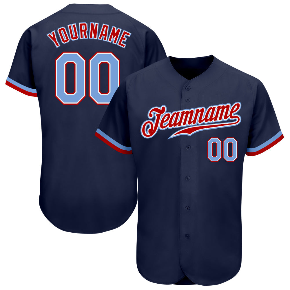 Custom Navy Light Blue-Red Authentic Baseball Jersey - Main View