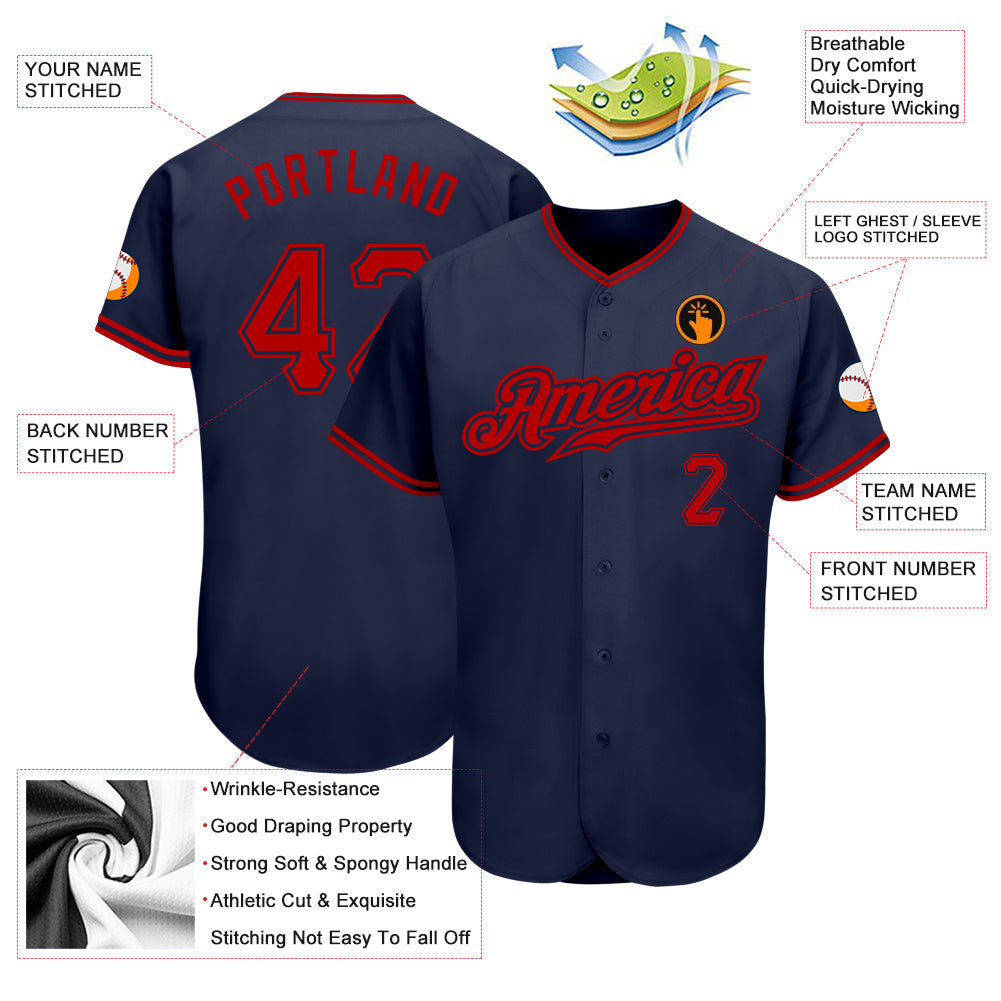 Custom Navy Red Authentic Baseball Jersey view 3