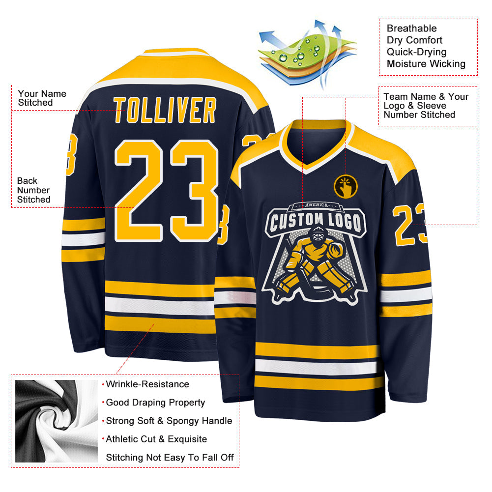 Custom Navy Gold-White Hockey Jersey view 3
