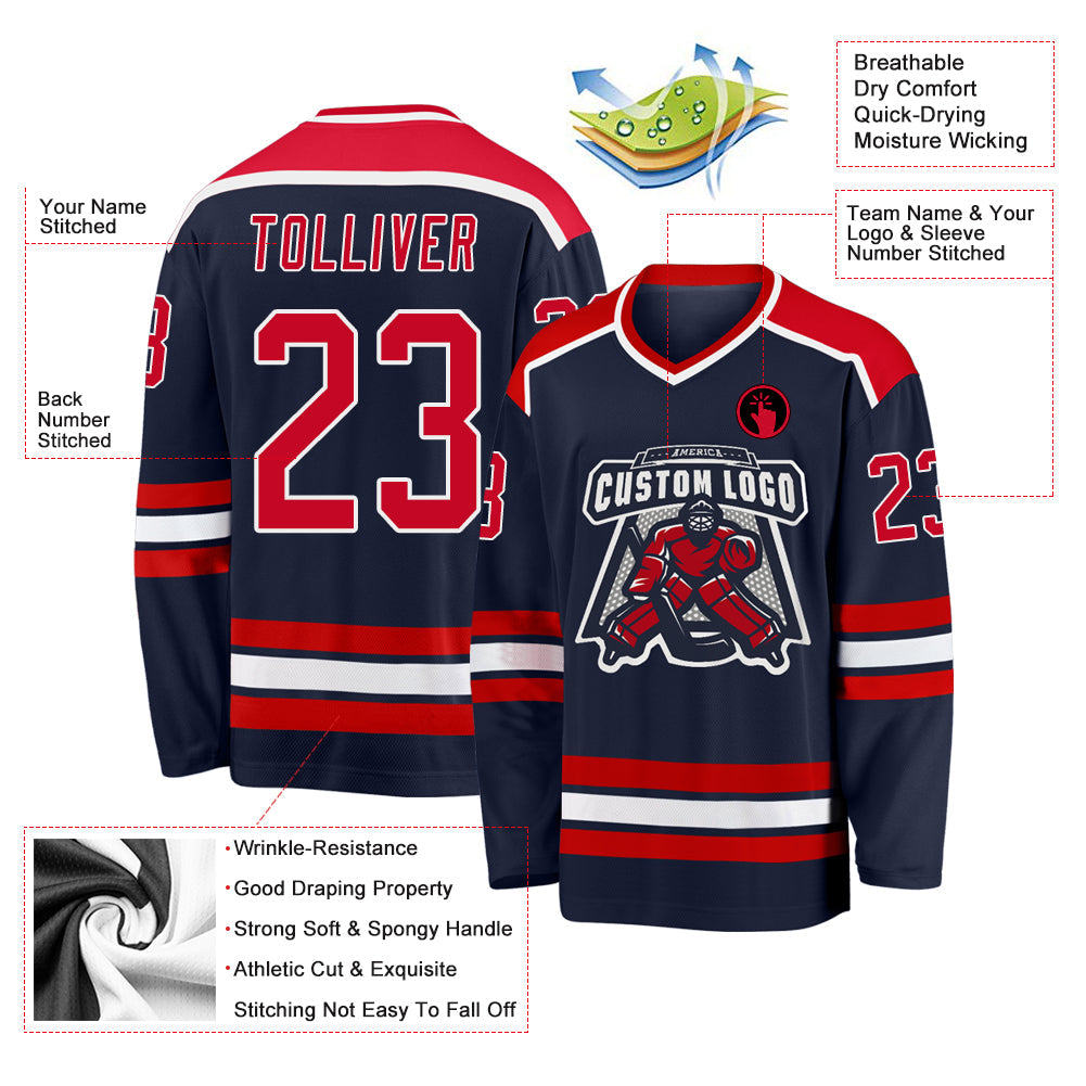 Custom Navy Red-White Hockey Jersey view 3