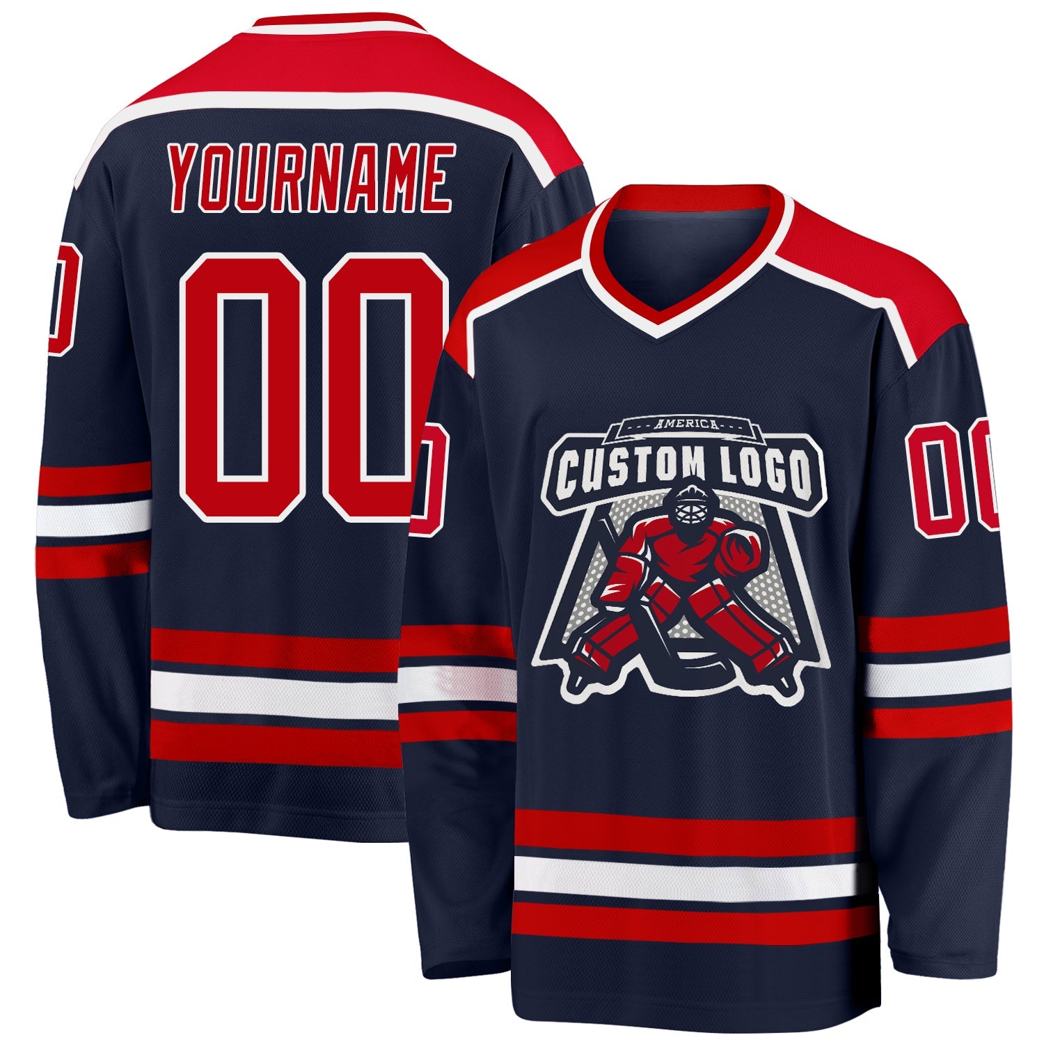 Custom Navy Red-White Hockey Jersey - Main View