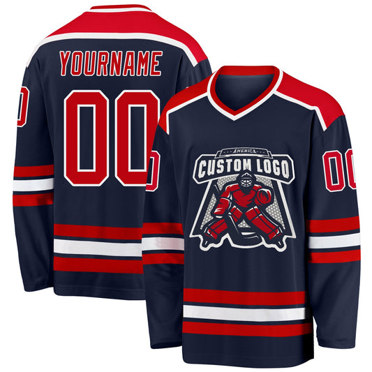 Custom Navy Red-White Hockey Jersey - Main View