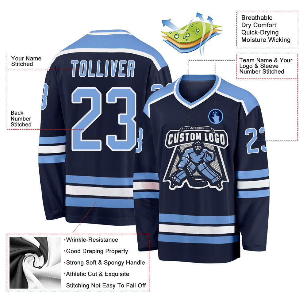 Custom Navy Light Blue-White Hockey Jersey view 3