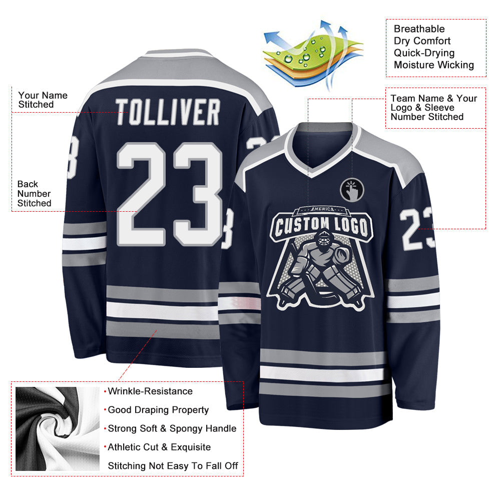 Custom Navy White-Gray Hockey Jersey view 3