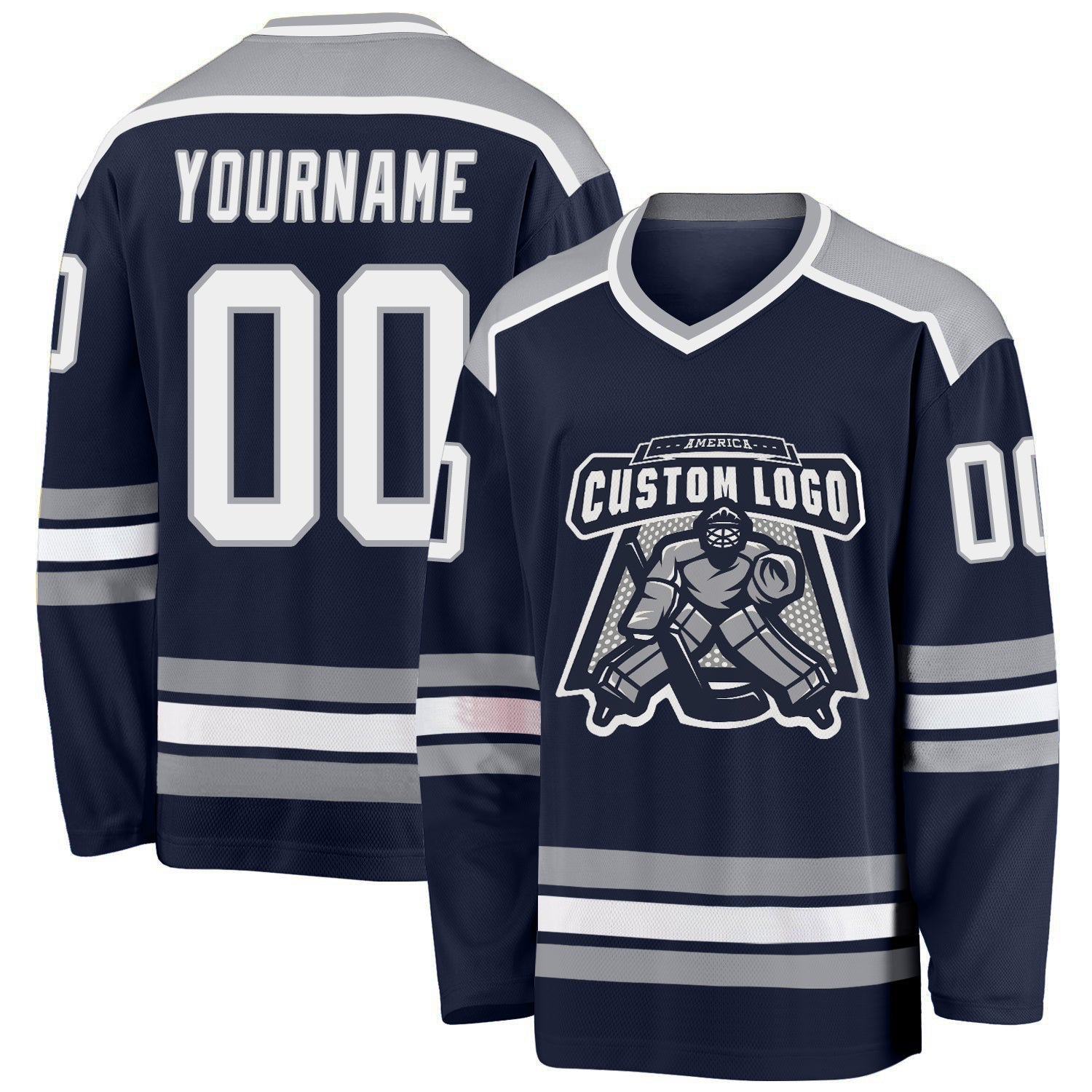 Custom Navy White-Gray Hockey Jersey - Main View