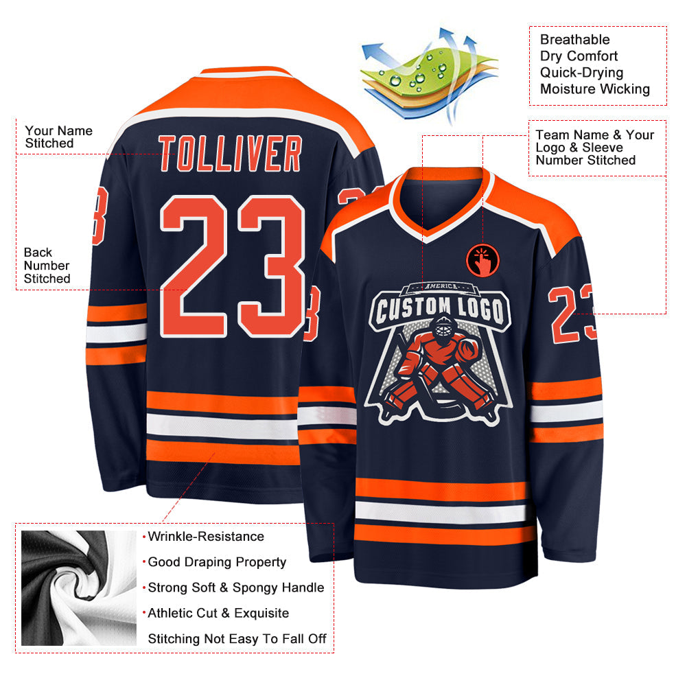 Custom Navy Orange-White Hockey Jersey view 3