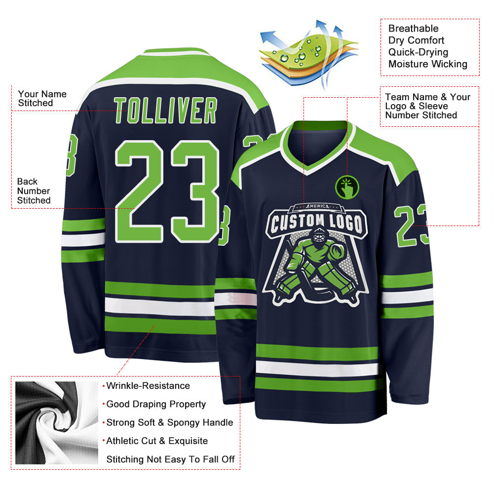 Custom Navy Neon Green-White Hockey Jersey view 3