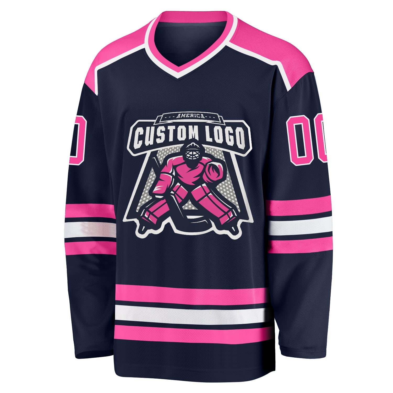 Custom Navy Pink-White Hockey Jersey view 2