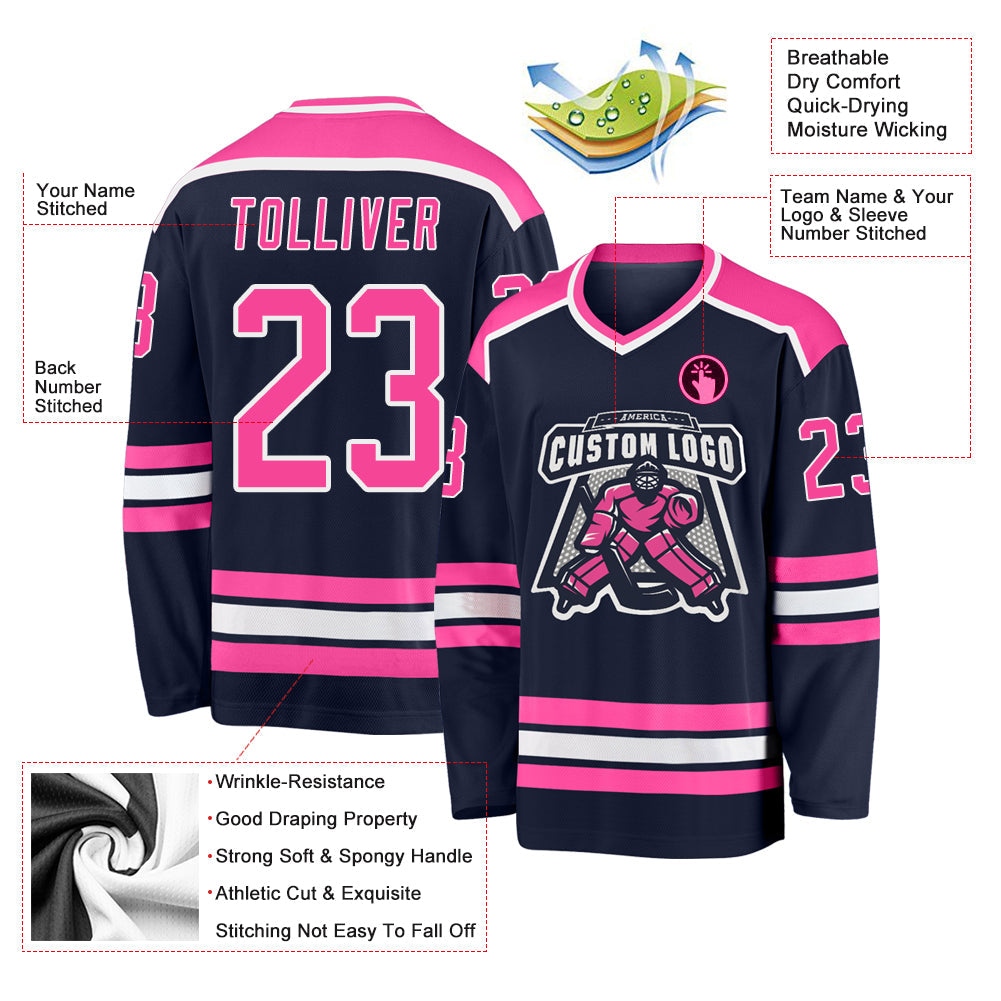 Custom Navy Pink-White Hockey Jersey view 3