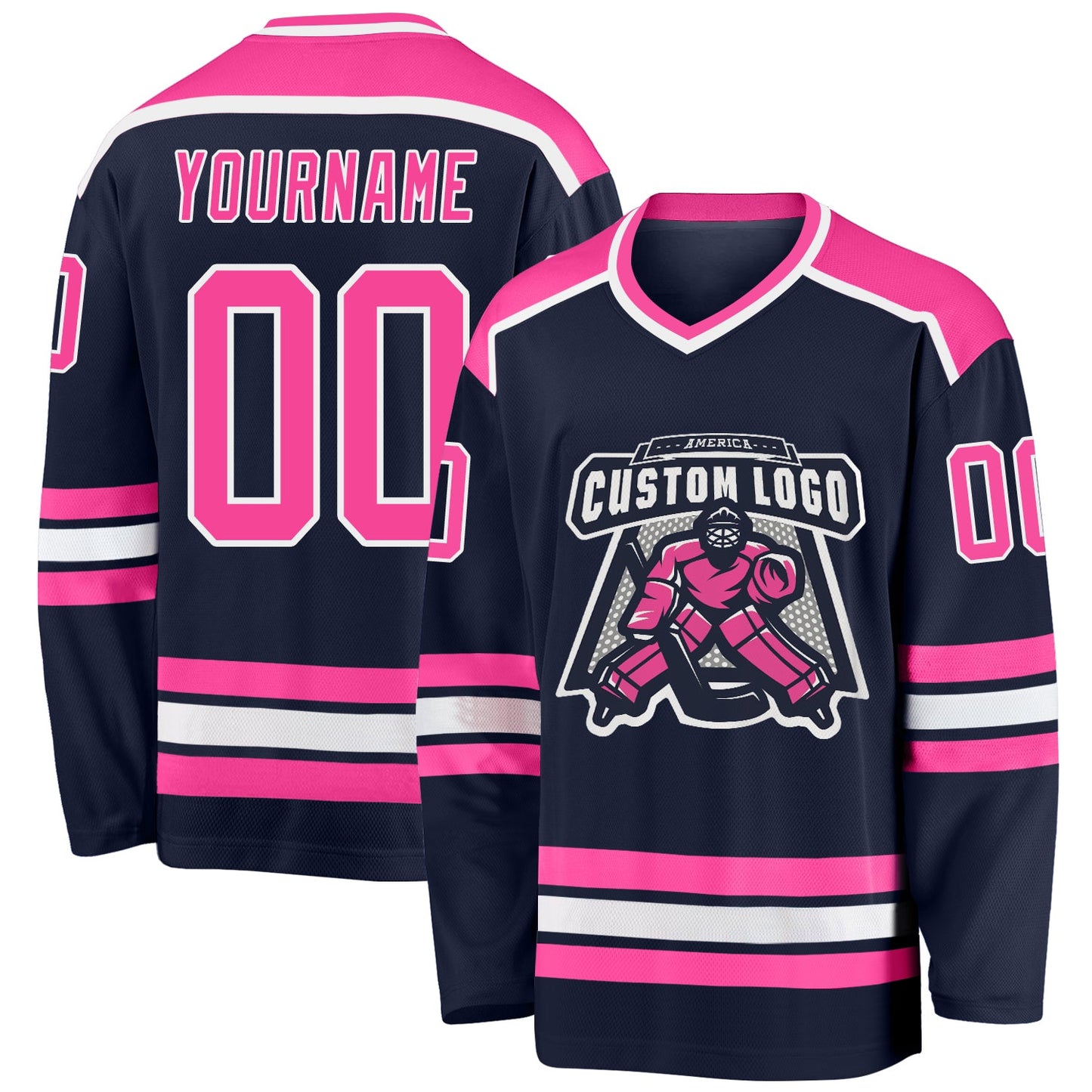 Custom Navy Pink-White Hockey Jersey - Main View