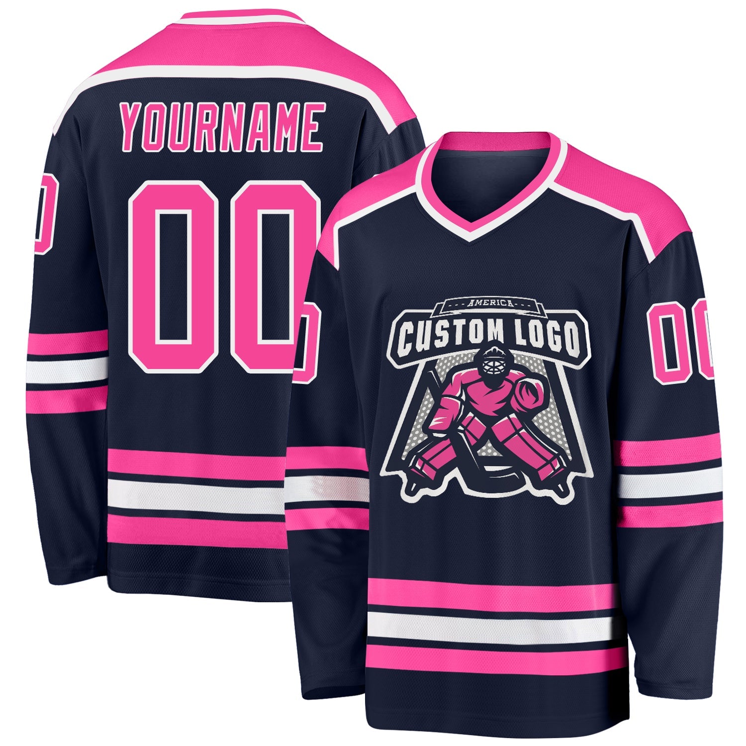 Custom Navy Pink-White Hockey Jersey - Main View