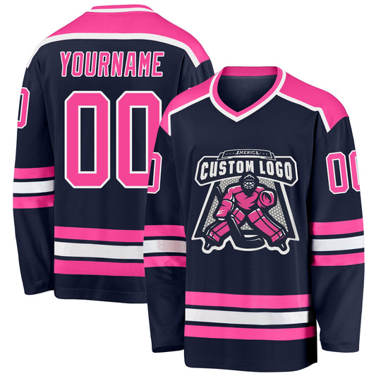 Custom Navy Pink-White Hockey Jersey - Main View