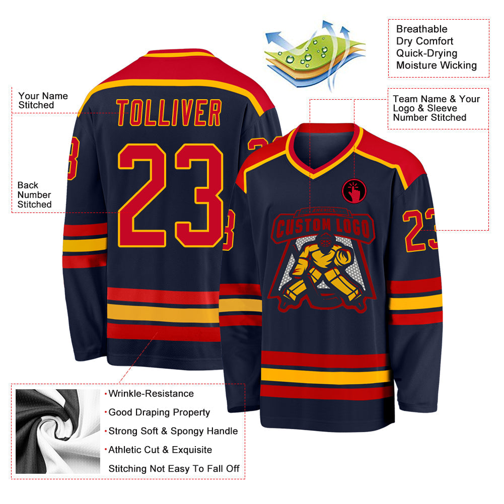 Custom Navy Red-Gold Hockey Jersey view 3