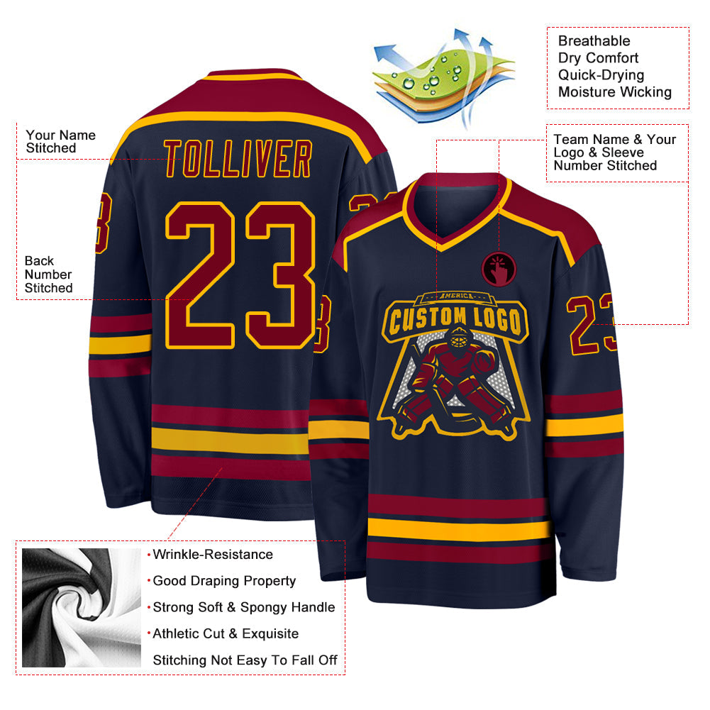 Custom Navy Maroon-Gold Hockey Jersey view 3