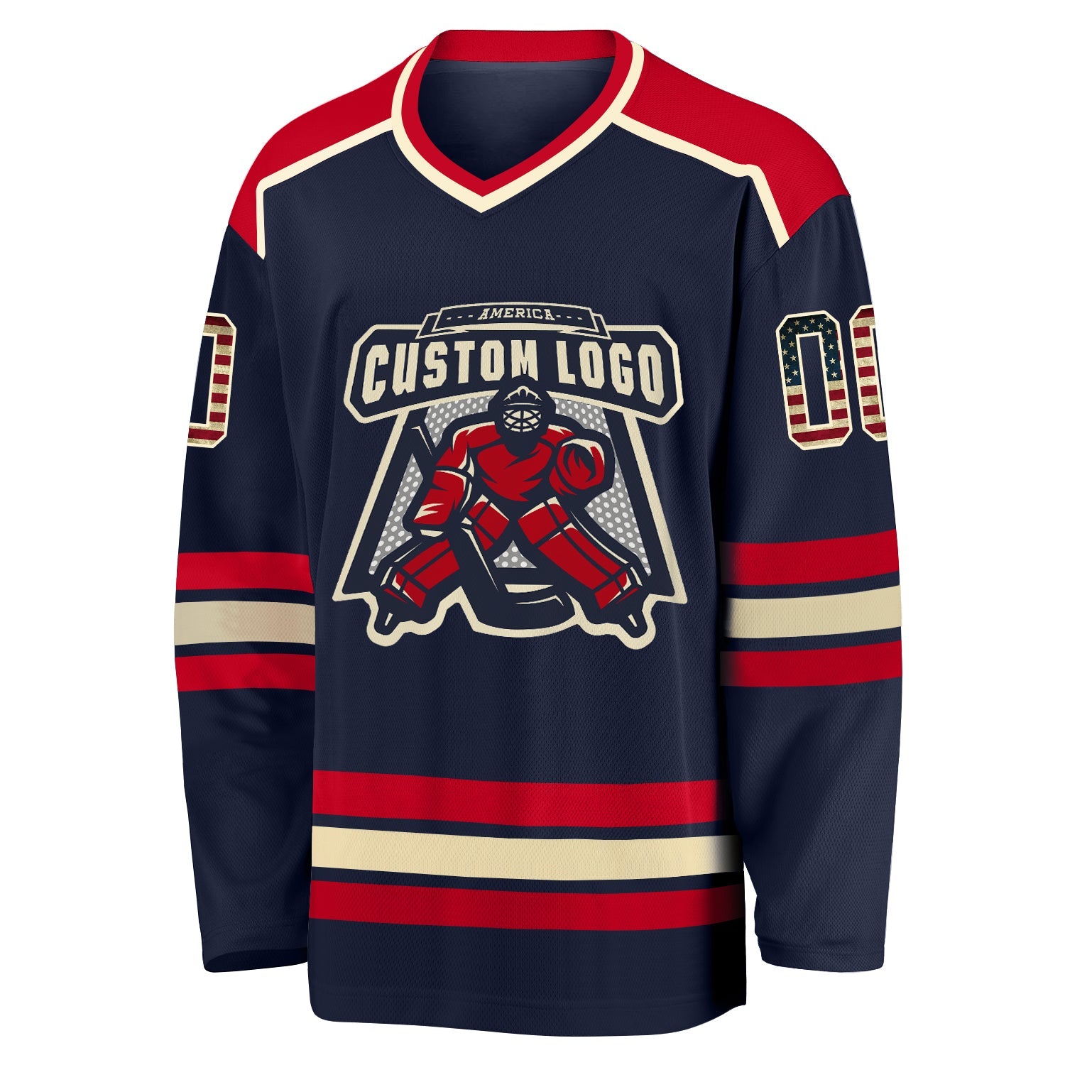 Custom Navy Vintage USA Flag Cream-Red Hockey Jersey view 2