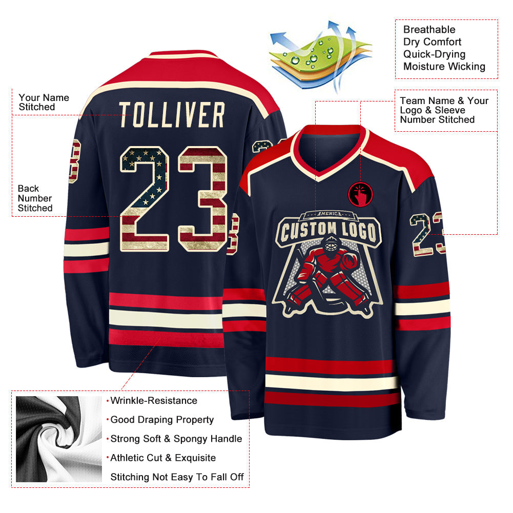 Custom Navy Vintage USA Flag Cream-Red Hockey Jersey view 3