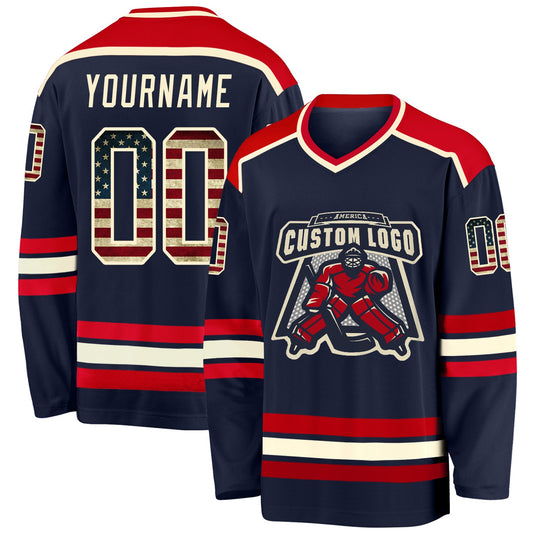 Custom Navy Vintage USA Flag Cream-Red Hockey Jersey - Main View