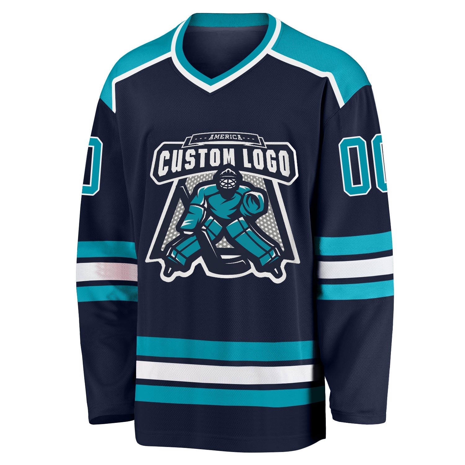 Custom Navy Teal-White Hockey Jersey view 2