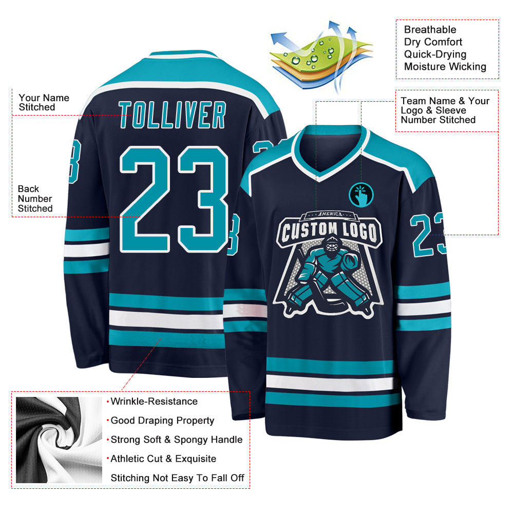 Custom Navy Teal-White Hockey Jersey view 3