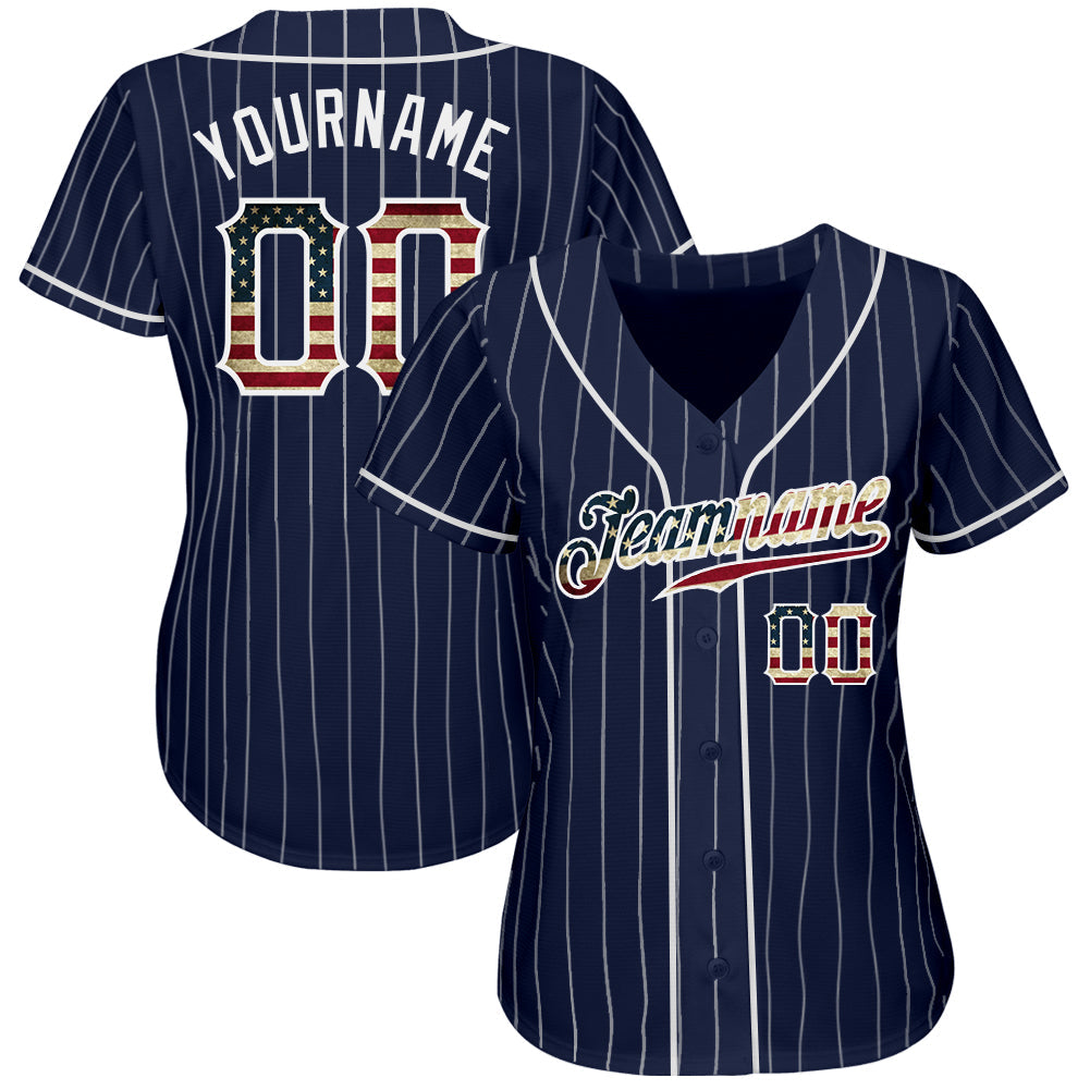 Custom Navy White Pinstripe Vintage USA Flag-White Authentic Baseball Jersey view 2