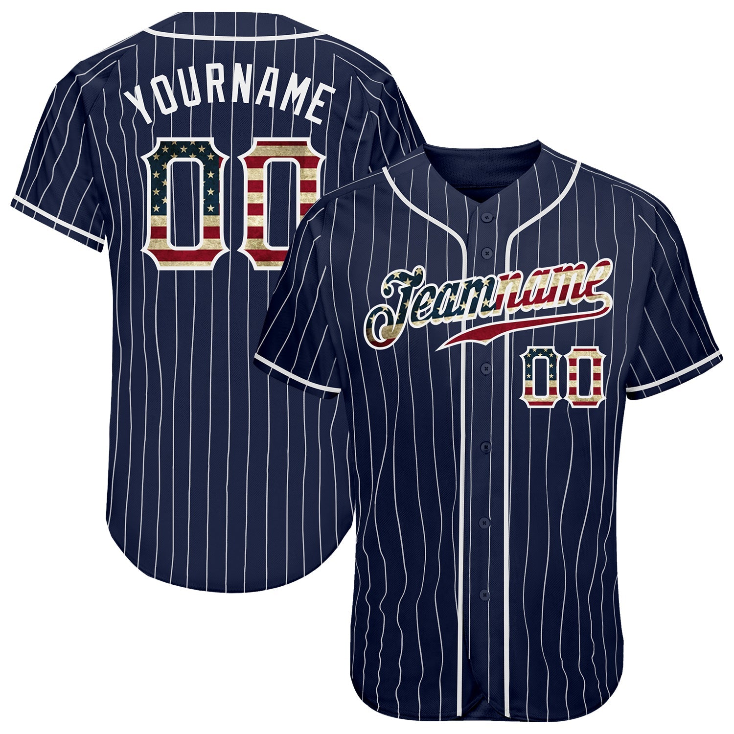 Custom Navy White Pinstripe Vintage USA Flag-White Authentic Baseball Jersey - Main View