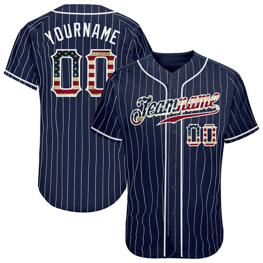 Custom Navy White Pinstripe Vintage USA Flag-White Authentic Baseball Jersey - Main View