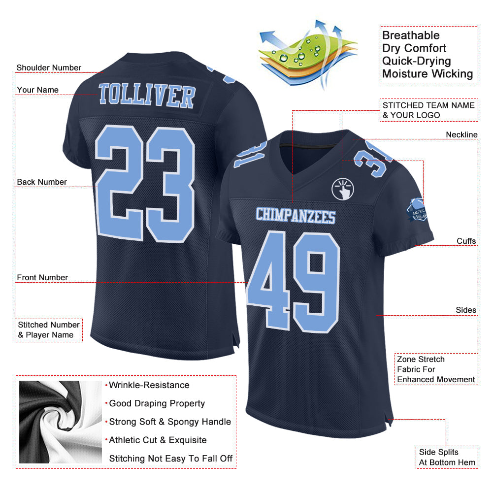 Custom Navy Light Blue-White Mesh Authentic Football Jersey view 2