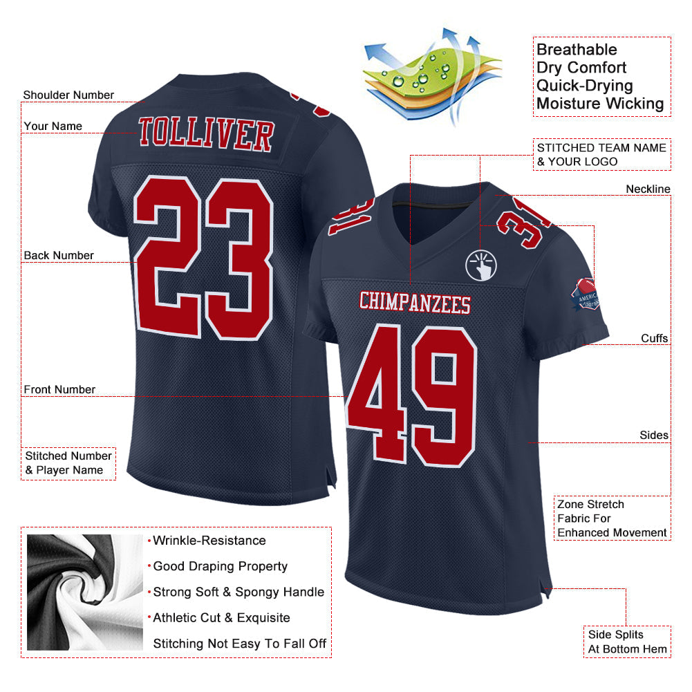 Custom Navy Red-White Mesh Authentic Football Jersey view 2