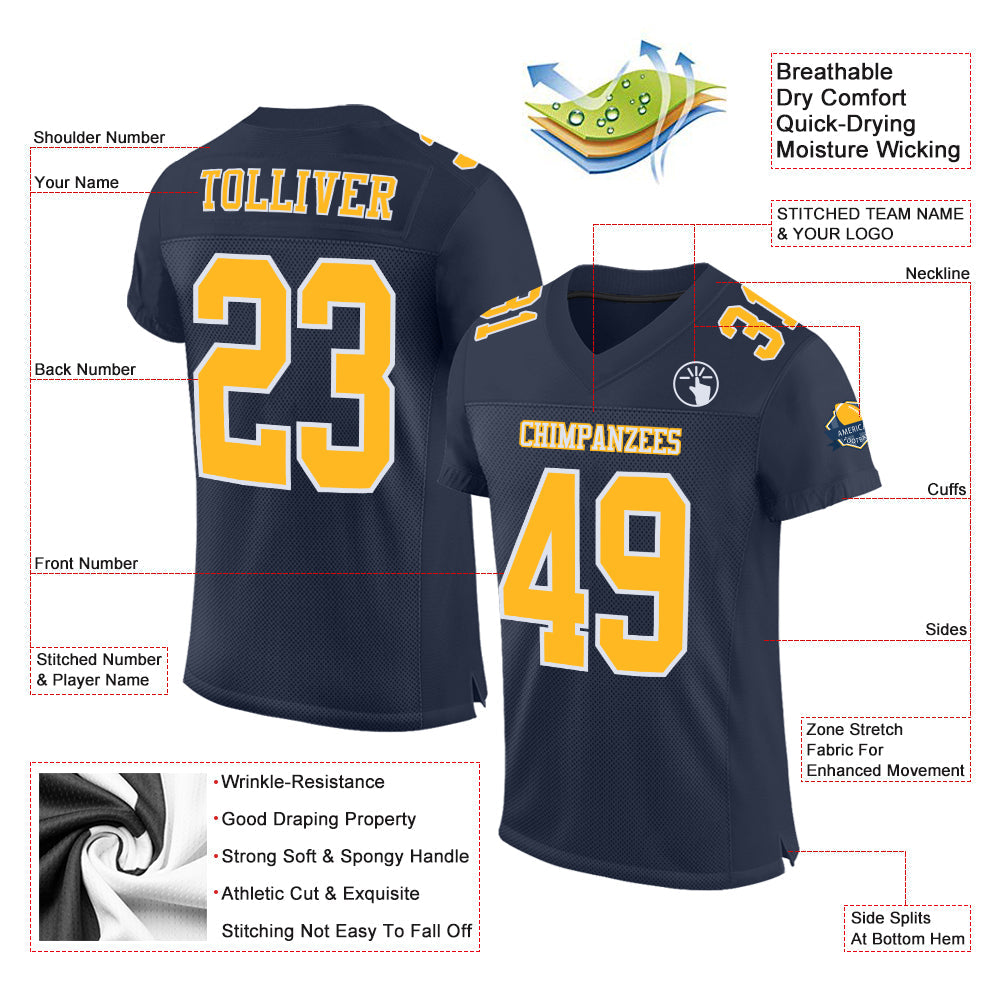 Custom Navy Gold-White Mesh Authentic Football Jersey view 2