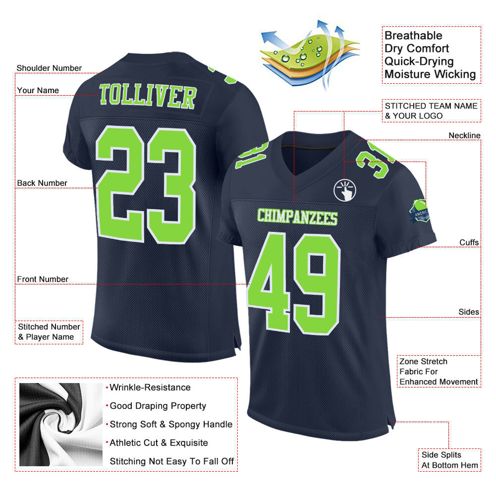 Custom Navy Neon Green-White Mesh Authentic Football Jersey view 2