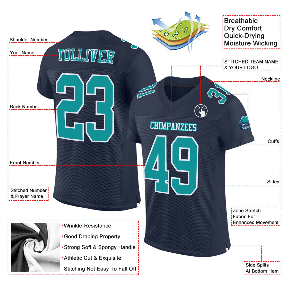 Custom Navy Aqua-White Mesh Authentic Football Jersey view 2